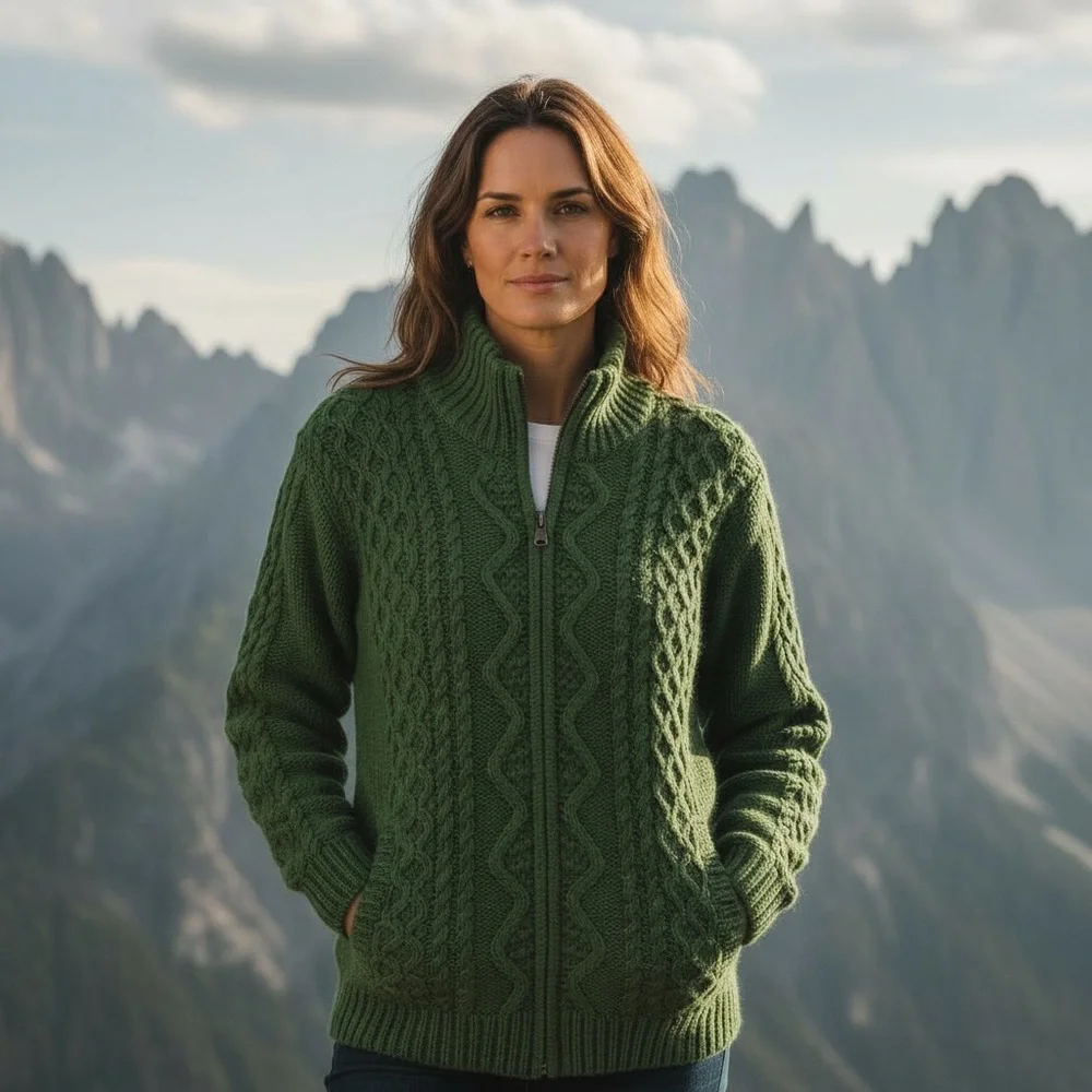 Aran Sweater Market Fisherman Merino Wool Cable Knit Zip Cardigan Green M NWT - Picture 1 of 14